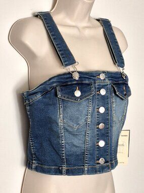 Love Trends Crop Button Front Denim Top Bustier Stretch Blue Size M NWT
